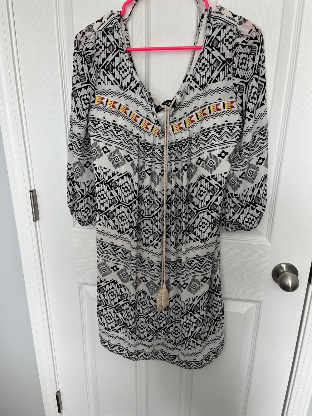 Fab’rik Boho Black & White Printed Tunic Dress with Tassel Tie